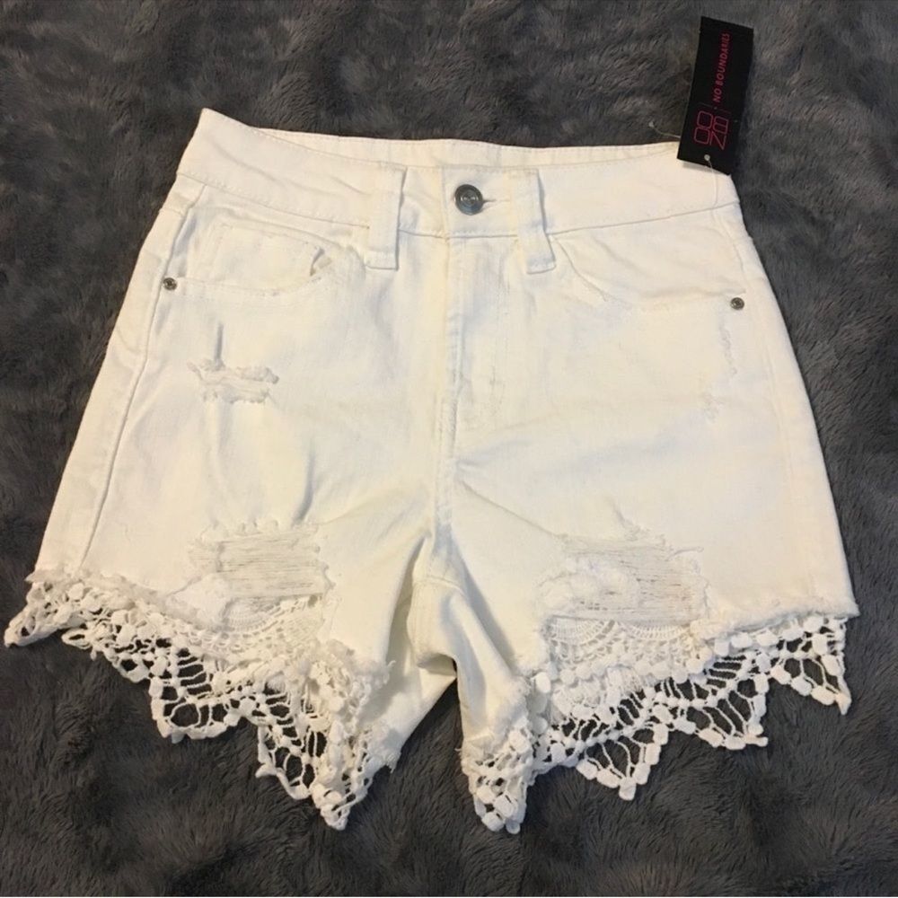 No Boundaries White Jean Shorts with Lace Trim